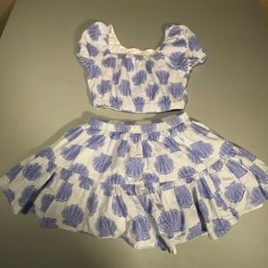 Happily Grey Kids Junior Blue White Shells Two-Piece Outfit Top Skirt Set Girls